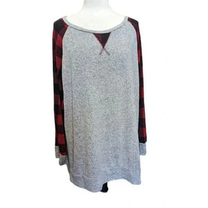 Vanilla Bay Red Buffalo Plaid and Gray Long Sleeve Knit Blouse Size 2XL